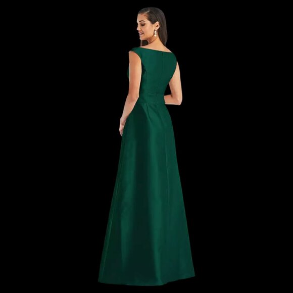 Alfred Sung Off-the-Shoulder Draped Wrap Satin Maxi Dress, Hunter Green Size 14 - Picture 5 of 7